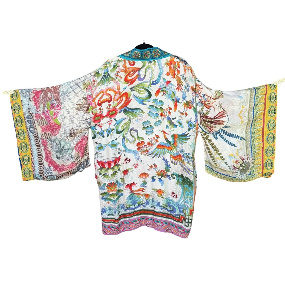 Silk Reversible Kimono Robe OS Multi Floral Paisley Butterfly Boho Festival Wrap - Picture 4 of 16